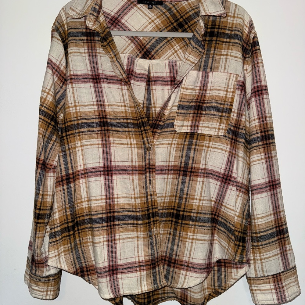 Love Tree Plaid Button Down Shirt - Brown, Cream, Black
